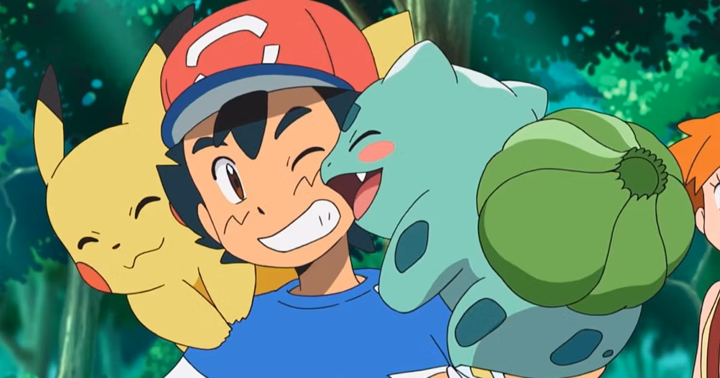 Ash Ketchum getting hugged by Bulbasaur and Pikachu